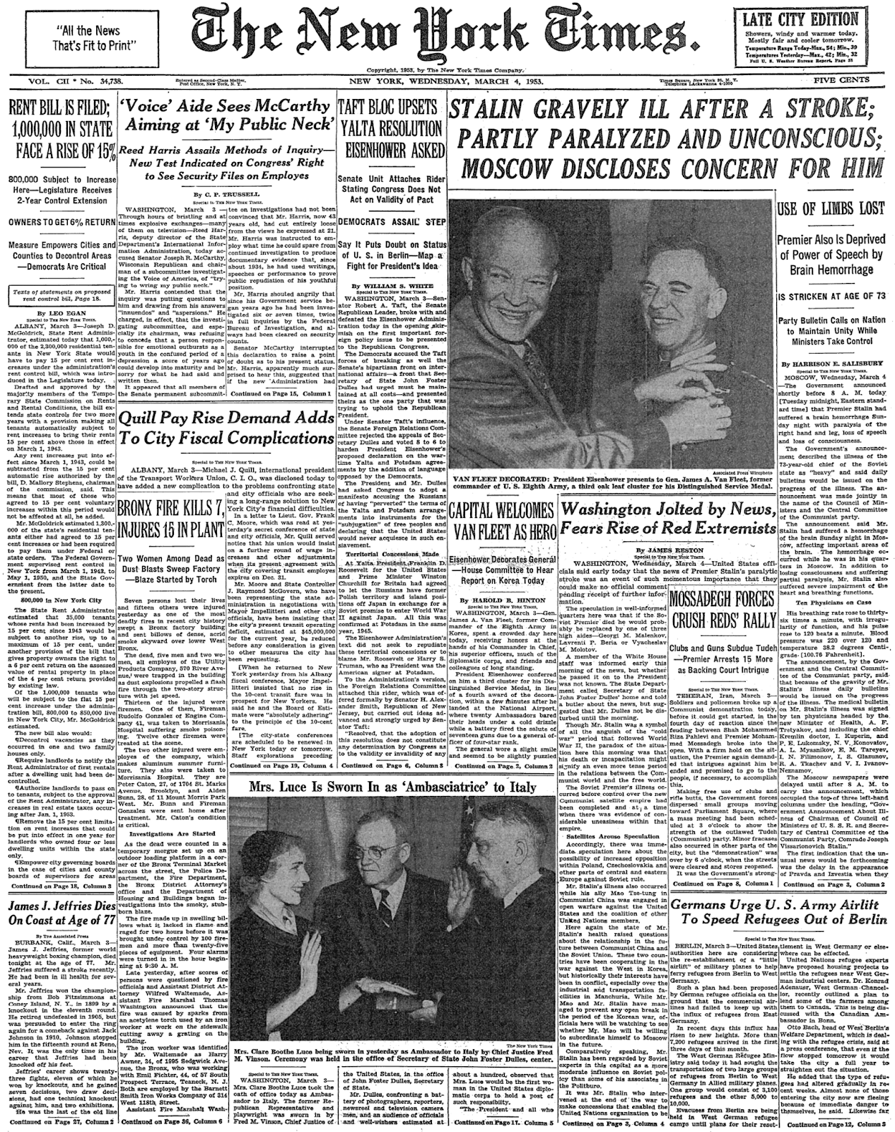 Wednesday, March 4, 1953 – The New York Times Front Page