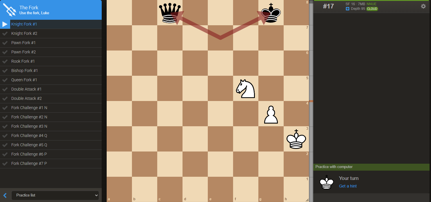 interface of a chess puzzle with a highlighted fork tactic