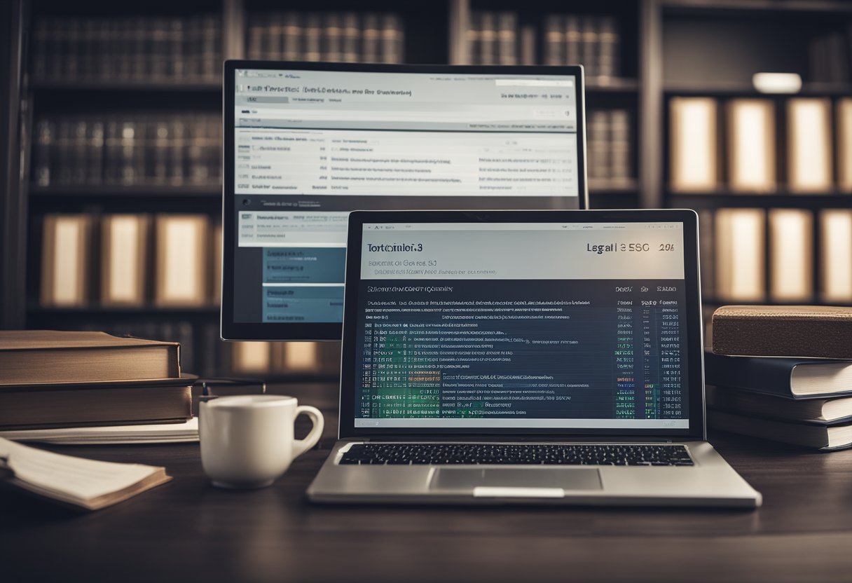 A lawyer's office with a computer screen showing technical SEO strategies for 2025. Books on SEO and legal topics are scattered on the desk