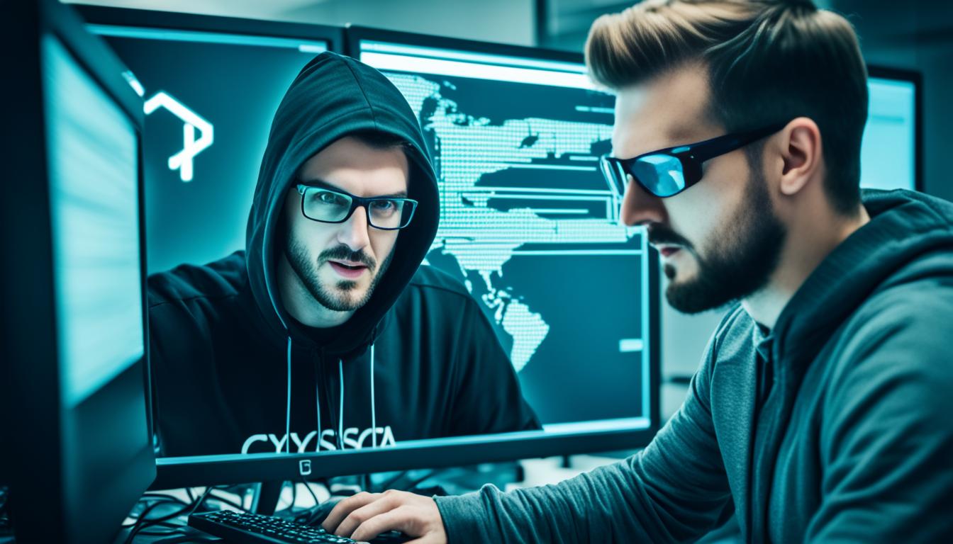A hacker attempting to breach a network, while a person with a CySA+ certification watches over them behind a computer screen.