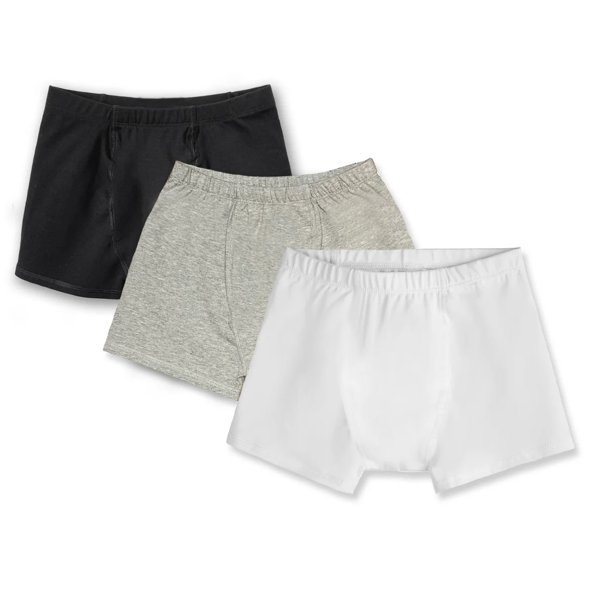 Mightly gender-neutral natural fiber kids' underwear in black, white, and gray, made from organic cotton and Fair Trade certified for ethical production.