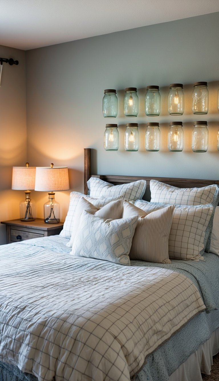 A cozy bedroom with 22 mason jar table lamps illuminating a farmhouse-inspired bedding set