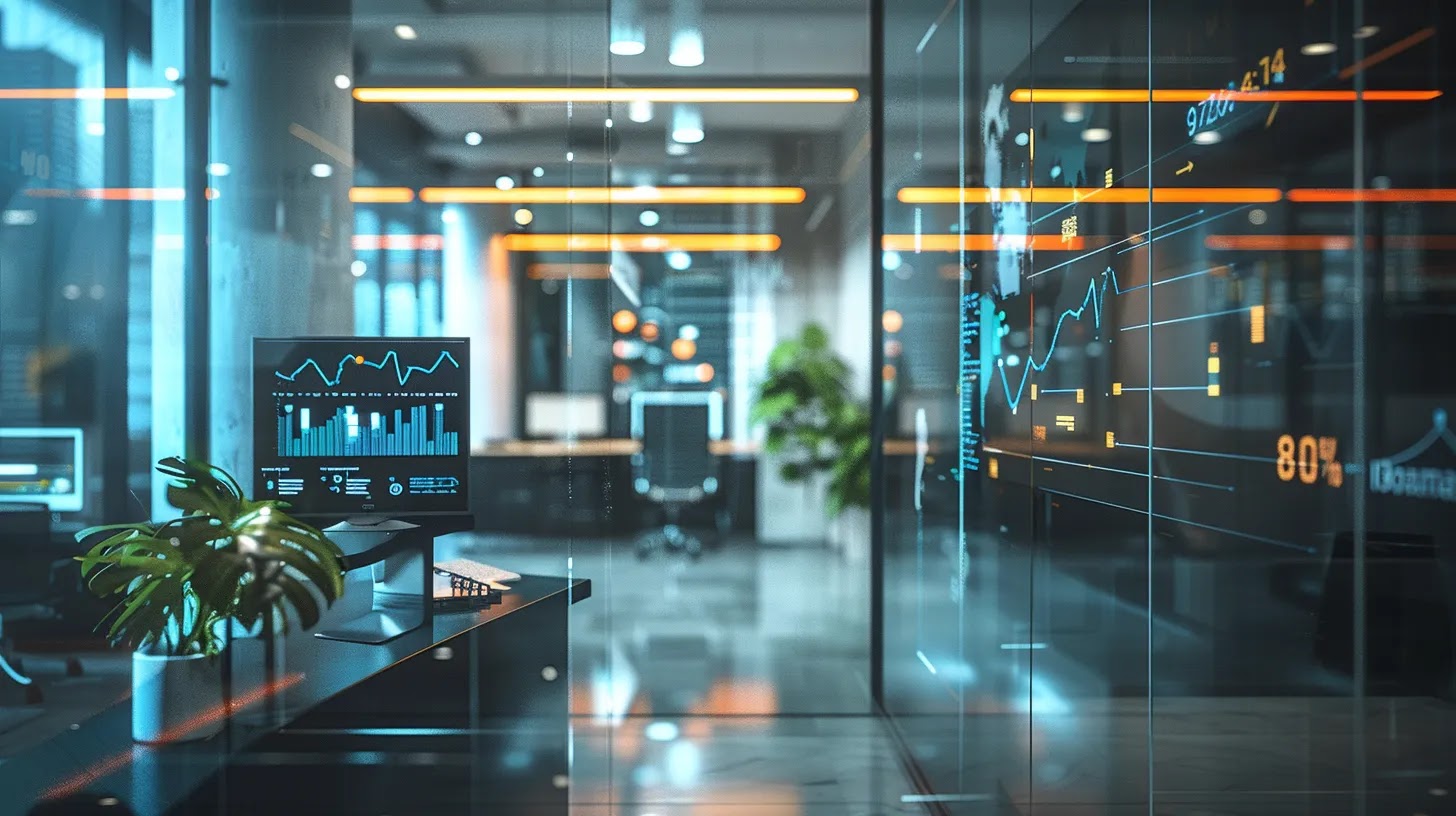 a sleek, modern office space is illuminated by bright, artificial lighting, showcasing a vibrant digital dashboard displaying productivity metrics alongside a pristine workspace, reinforcing the connection between cleanliness and employee efficiency.