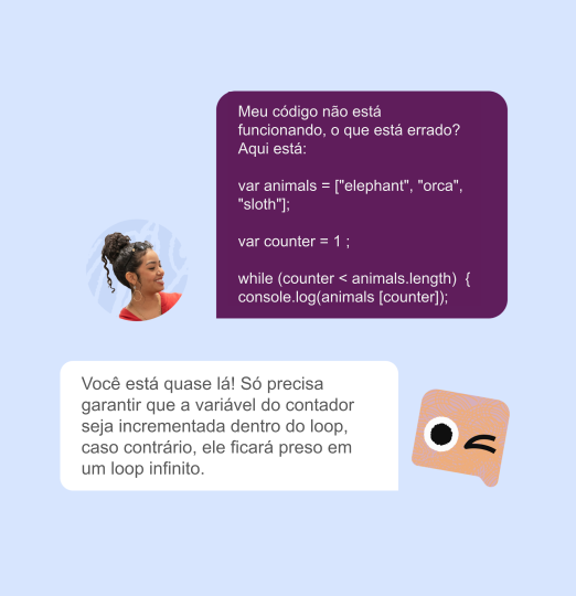 fundo lilás com ícones de fala, entre uma pessoa e o Khanmigo, tirando dúvida sobre programação.