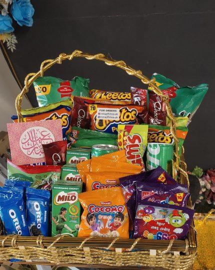 Basket for Kids Birthday - Oreo Biscuits - Milo - Chili Mili - Snacks Basket - GiftDelivery.pk