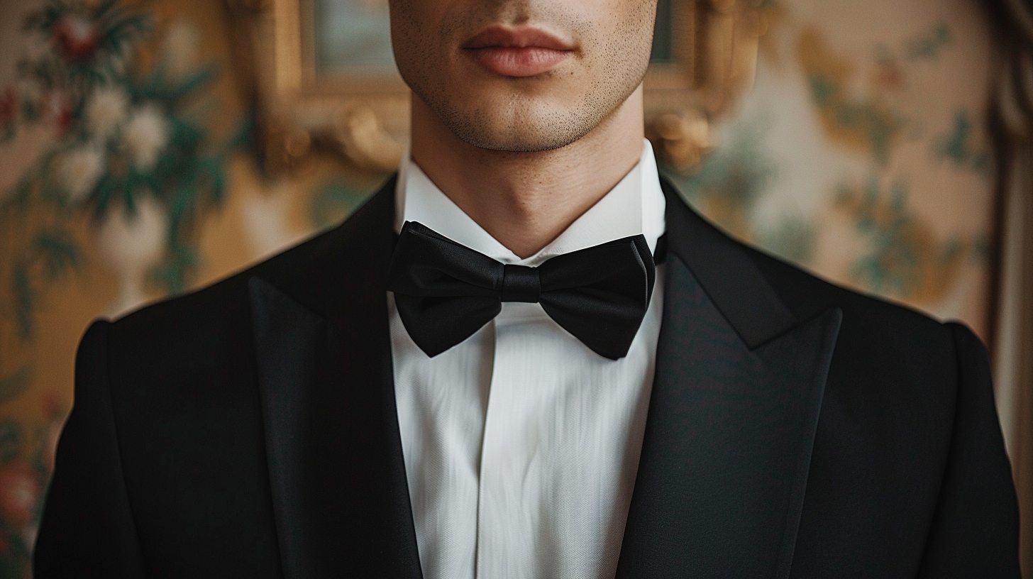 Man in a tuxedo shirt with wingtip collar and black bow tie, dressed in a classic black tuxedo, posed for an ultra-formal or white-tie setting.