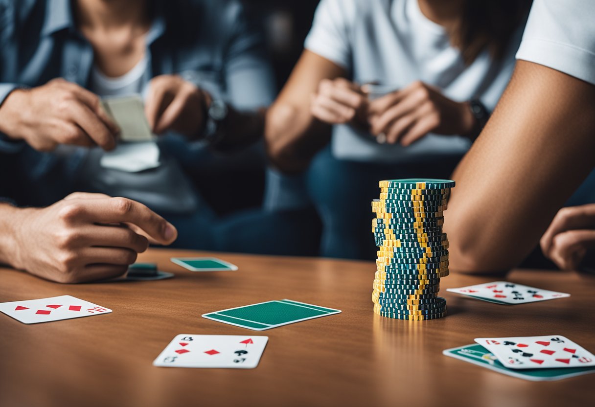 A table with cards, chips, and rule book. Players sitting around, focused on the game. A tense atmosphere