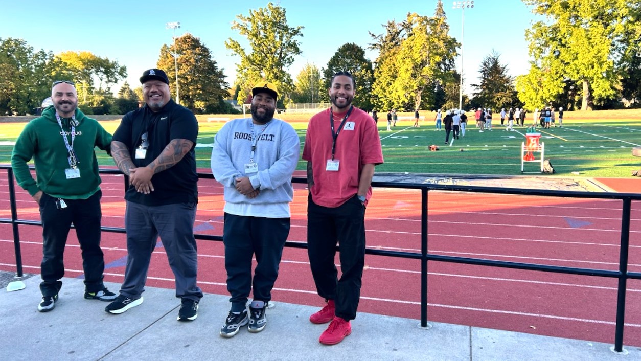 From left to right: YVPR Team coordinator Temo Alvarado, manager Ronnie Faavae, manager Mustafa Washington, and coordinator Brandon Jones at Roosevelt High School.