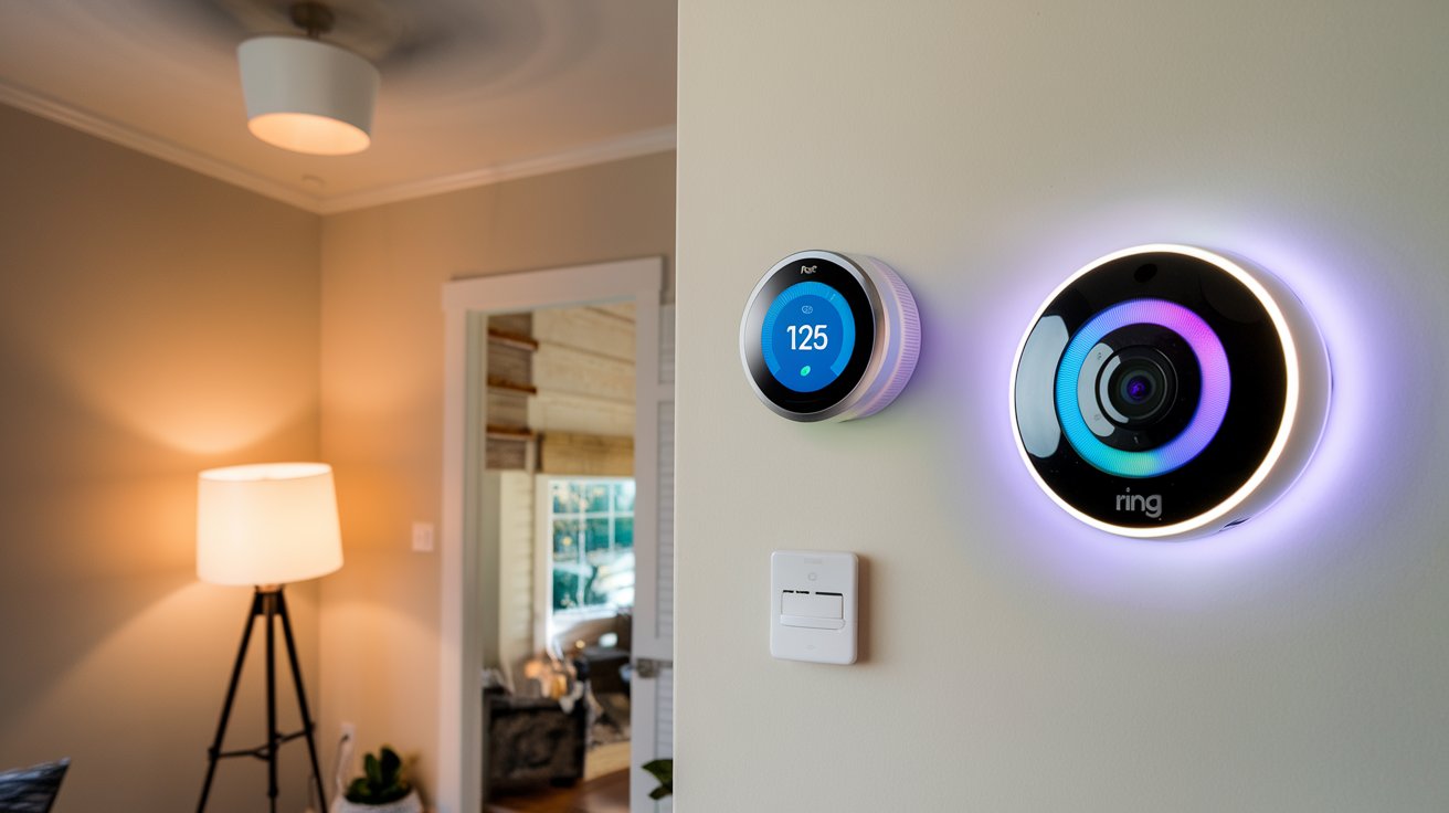 Illustration of a smart home with various connected devices like thermostats, security cameras, and lights.