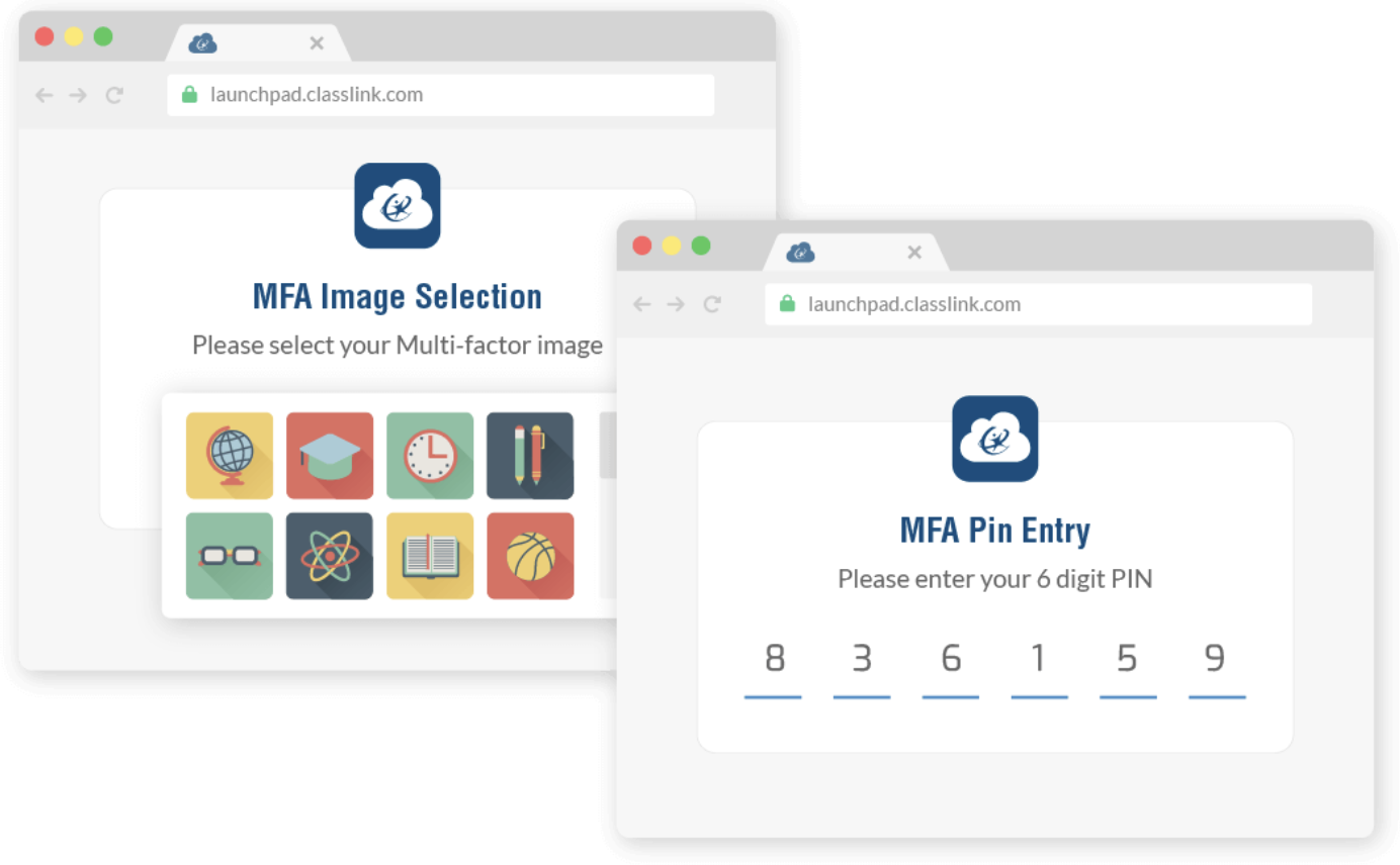 The image shows two browser windows open to the ClassLink website (launchpad.classlink.com), featuring multi-factor authentication (MFA) steps. The first window displays "MFA Image Selection," prompting users to select an image from a grid of icons, including a globe, graduation cap, clock, and others. The second window displays "MFA Pin Entry," where users are prompted to enter a 6-digit PIN, shown partially filled with numbers 8, 3, 6, 1, 5, and 9. The website has a cloud logo with ClassLink branding in the header.