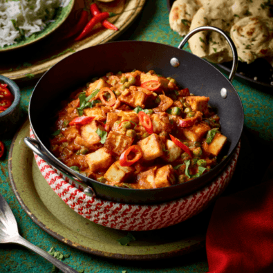 A paneer curry with red chillies and herbs, served in a black karahi dish with naan bread and rice on the side.
