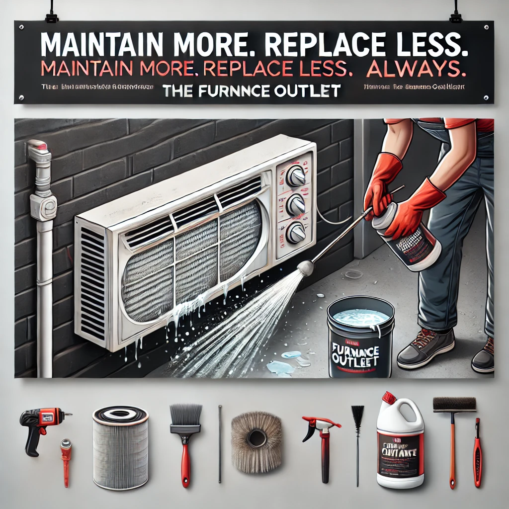 Technician performing routine HVAC maintenance by cleaning an AC filter and spraying a bleach-water solution into the condensate channel, with tools nearby and “Maintain More. Replace Less. Always.” plus The Furnace Outlet branding.