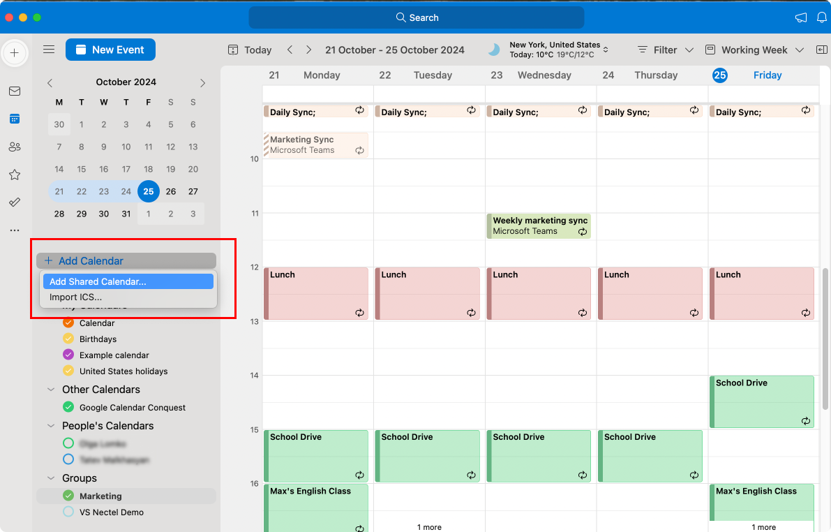 Pic. 4. Adding another calendar in Outlook for Mac.