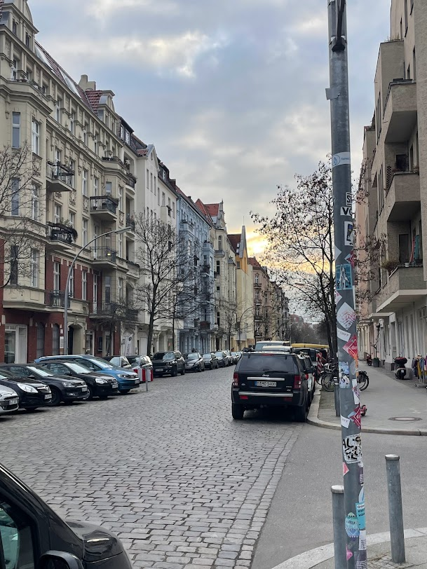 corner street neat the axel hotel in berlin in the neighborhoos of  Schöneberg, Berlin showing a cloudy overcast germany sky