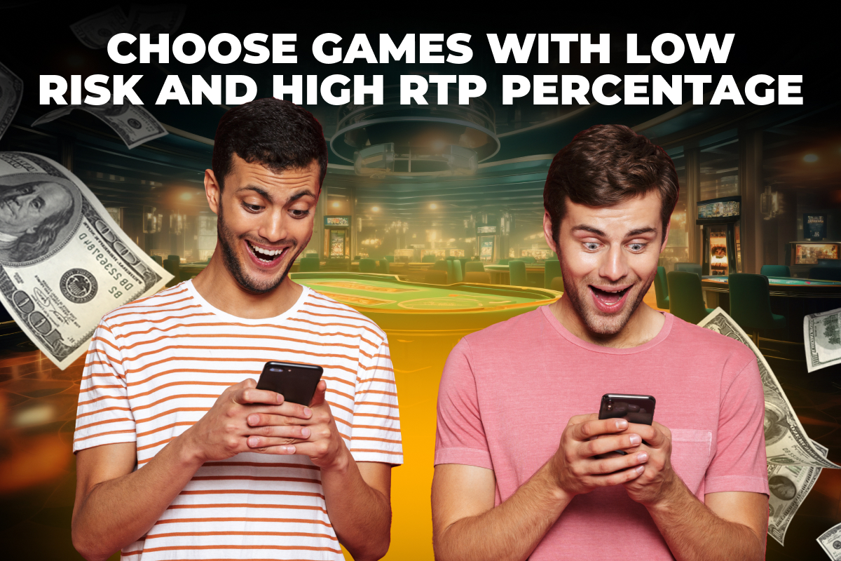 Two men examining their phones, discussing games with low risk and high RTP percentages for better gaming choices.