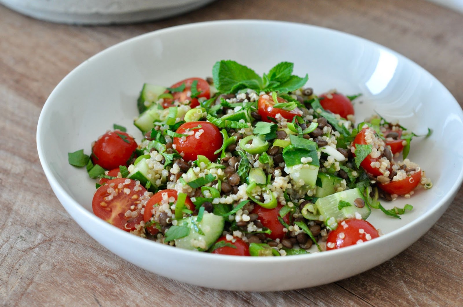 lentils quinoa cherry tomatoes cucumber mint parsley salad - fertility lunch recipes - WeNatal prenatal vitamins