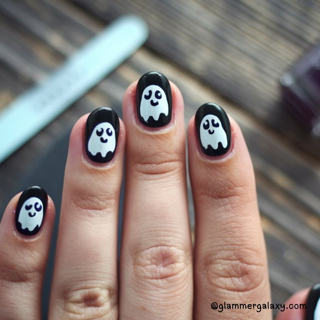 Bold Fall Nail Art Designs Having Cute Ghost Nail Art
