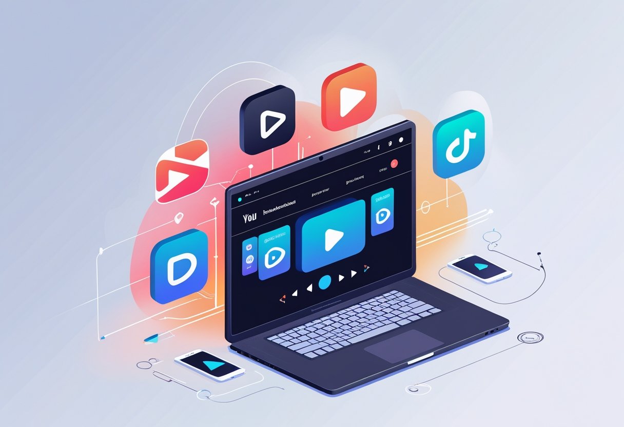 A workspace with a laptop showing a video player and five stylized icons representing video downloading tools around it.