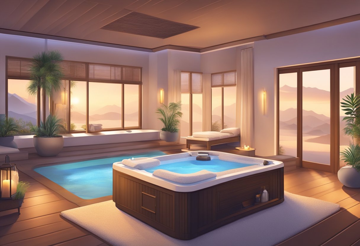 A serene spa room with a cozy massage table, soft lighting, and soothing aromatherapy. A bubbling hot tub and plush robes add to the inviting atmosphere