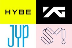 This contains the logos for hybe, jyp and other brands are shown in three different colors representing the Korean entertainment.