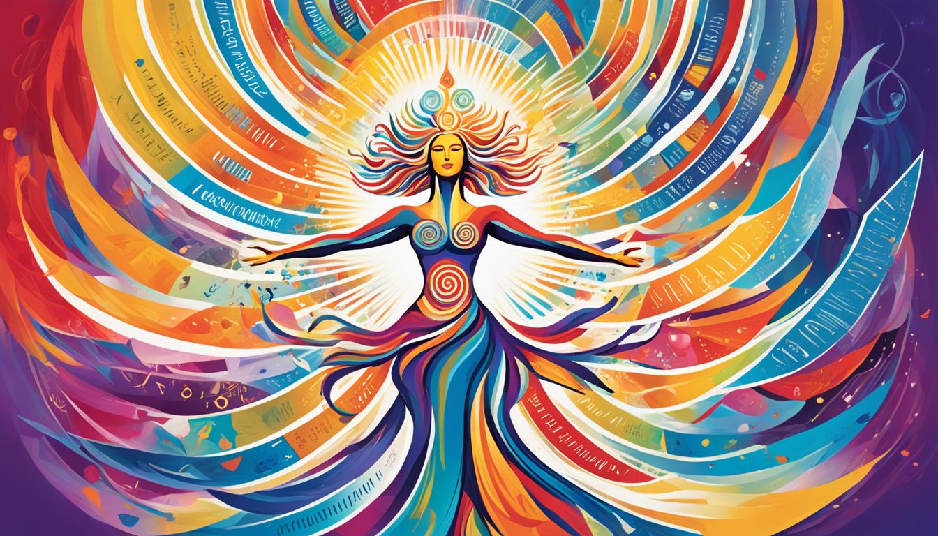 An image showing the power of words, with a central figure surrounded by a swirling vortex of cascading affirmations and mantras. The figure should be standing tall and confident, radiating positive energy and inner strength. Use vibrant, bold colors and dynamic lines to convey the energy and enthusiasm of the affirmations, and include a halo or aura around the figure to symbolize the power they possess. The background should be sparse and plain, drawing attention to the central figure and their words.