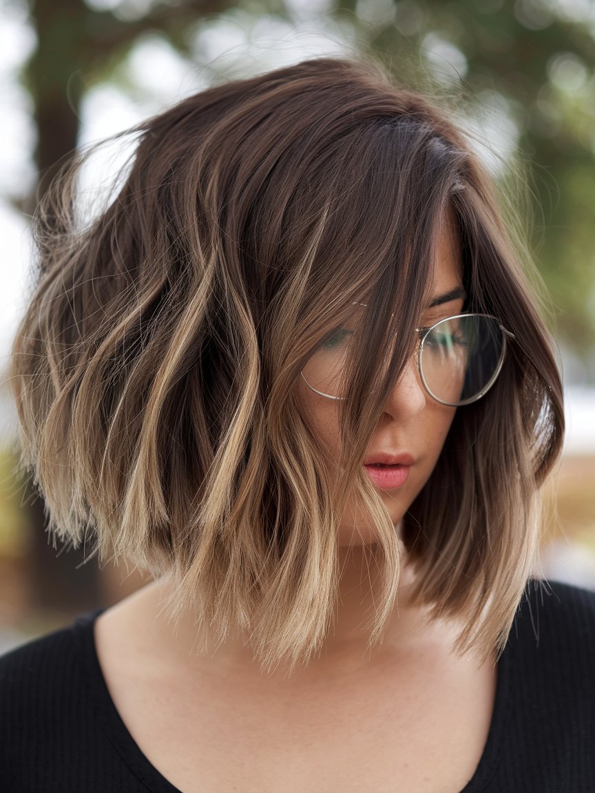 66. Soft Tousled Wavy Bob with Side Part