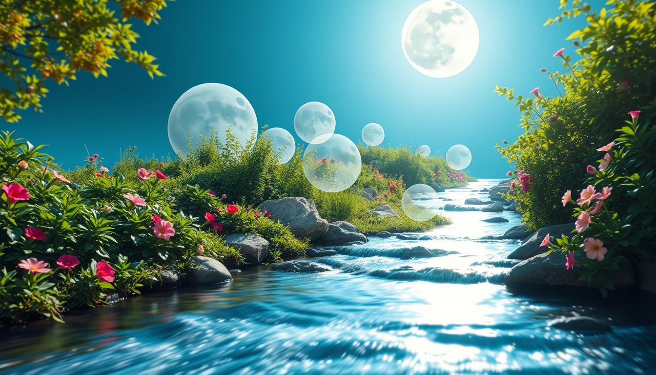 An image of a tranquilly flowing stream, surrounded by lush greenery and vibrant flowers under the bright moonlight. Within the stream, visualize various dream-like images taking shape and forming, such as a desired career path, a peaceful home, or personal growth. Let the water carry these manifestations into the universe, allowing them to come to fruition overnight.