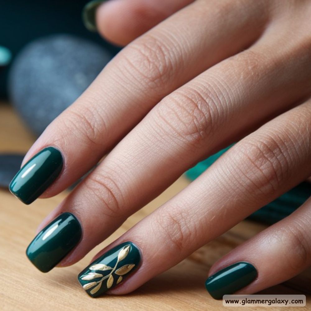 Dark Fall Nails having Green with Gold Accents
