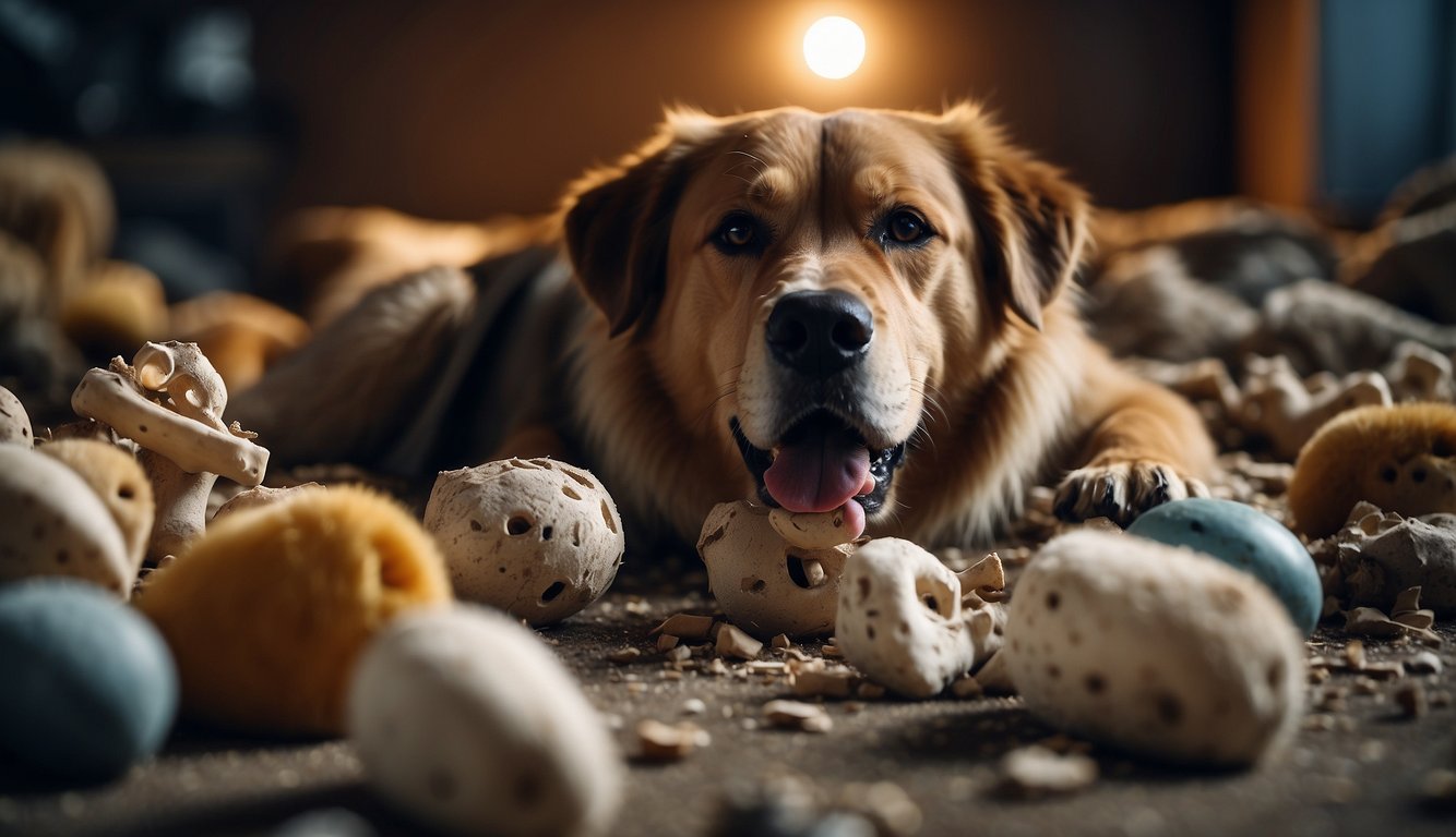 A large, powerful dog aggressively chews on a durable bone, surrounded by scattered broken toys and torn-up bedding