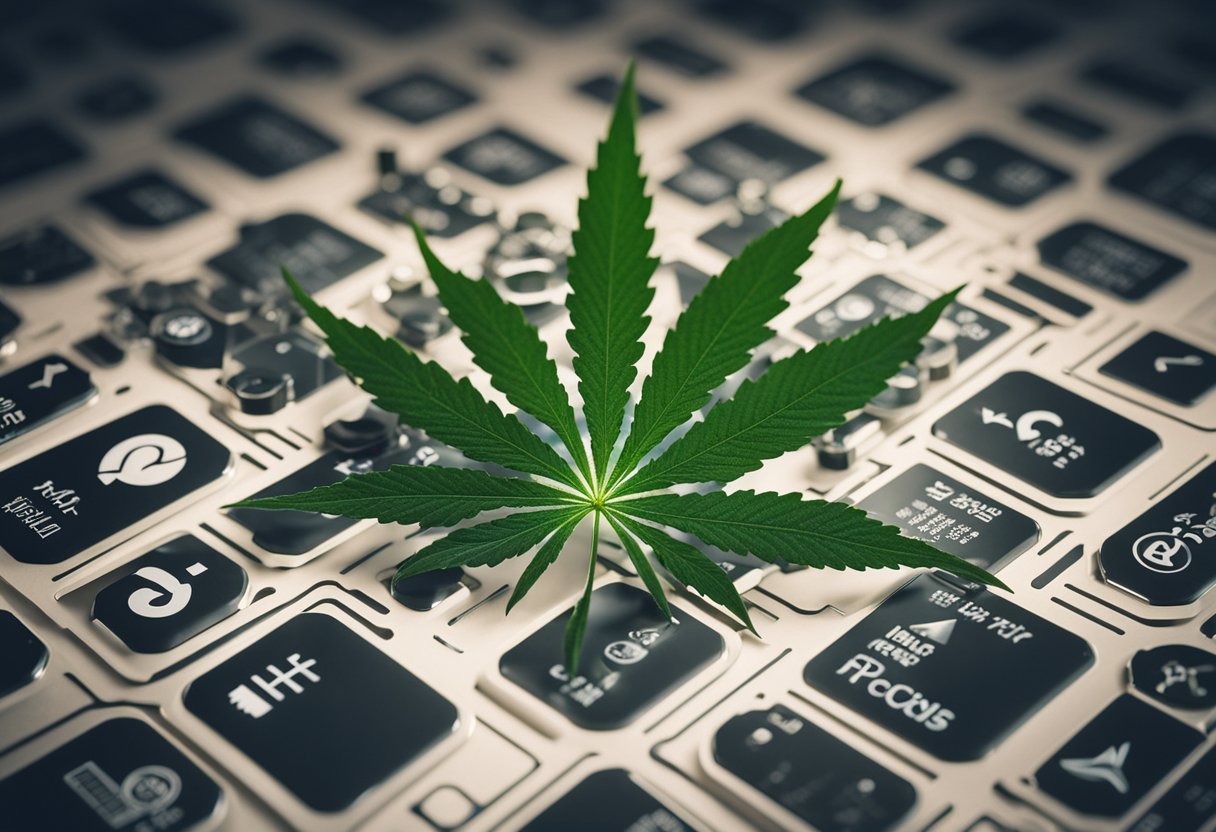 A cannabis leaf surrounded by search engine icons and penalty signs