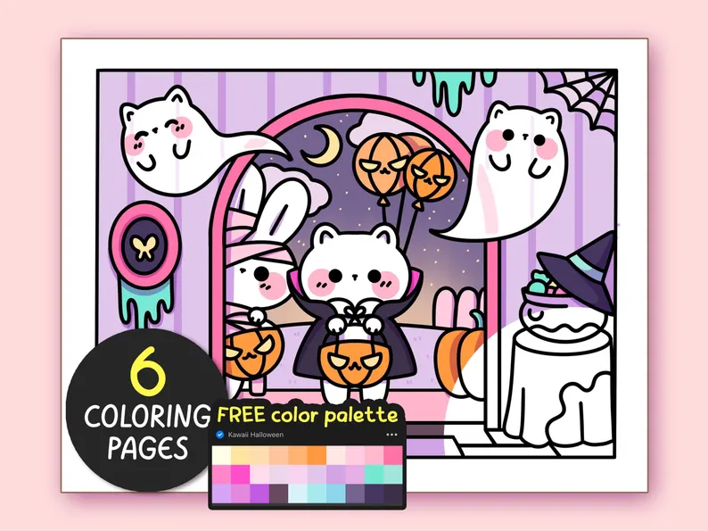 Halloween Kawaii adult coloring pages printable