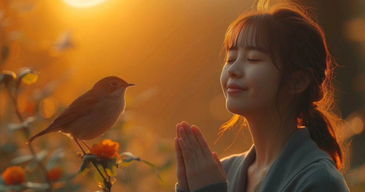 A serene young woman stands in warm golden light with eyes closed and hands gently clasped as if in prayer, facing a small bird perched on a flower, radiating calm and quiet strength, embodying a moment where her inner peace remains untouchable.