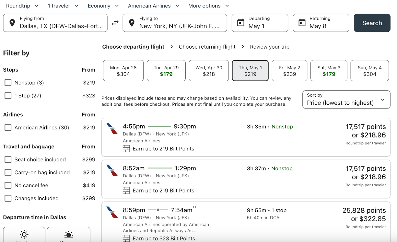 searching for AA flights in the Bilt portal