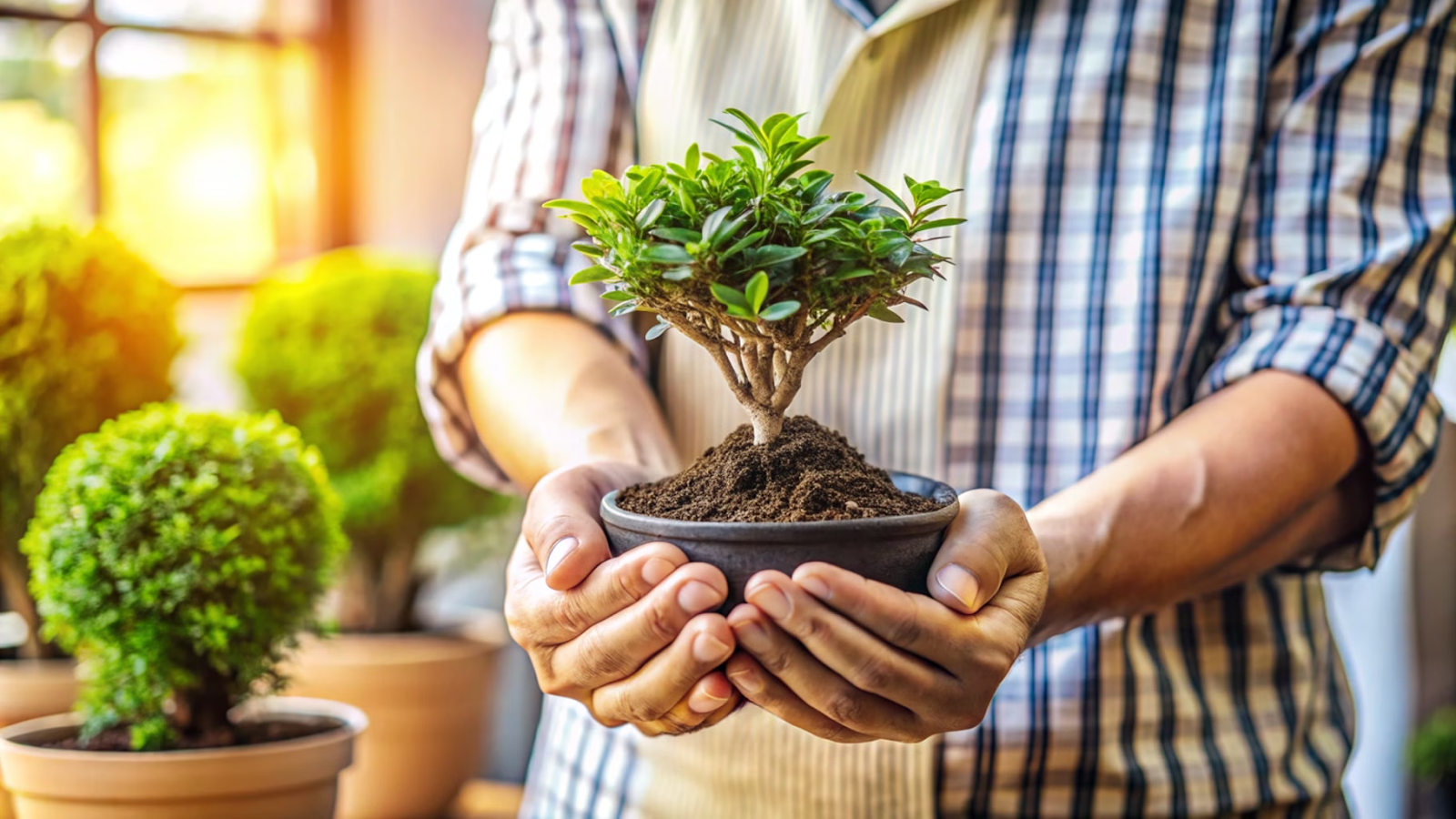 Mãos segurando uma planta decorativa, destacando jardinagem criativa e empreendedorismo