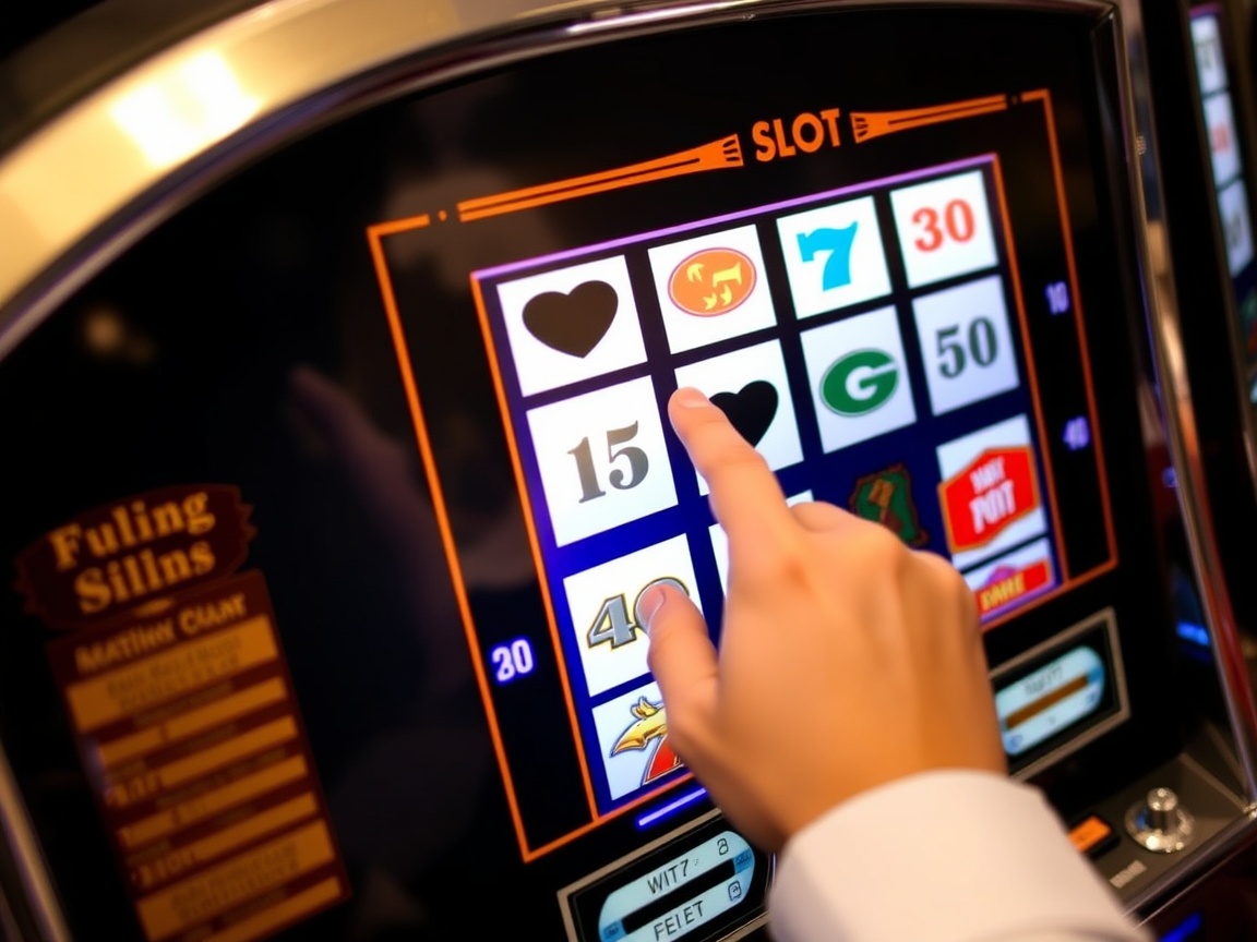 A player pressing buttons on a slot machine without looking at the rules.