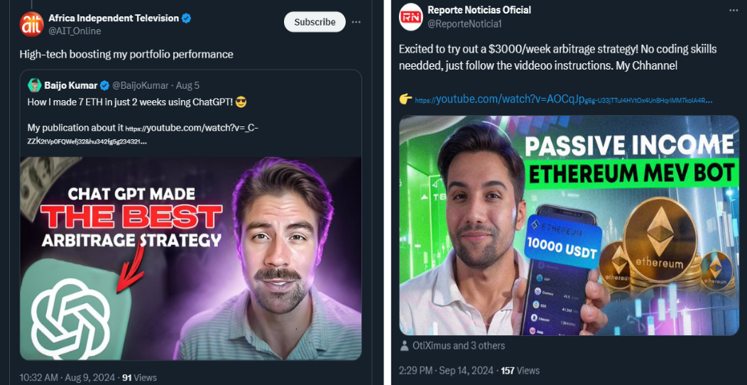 Ethereum arbitrage bot scheme promo appears on legitimate X accounts.