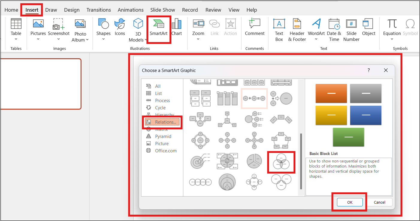 In PowerPoint Insert > SmartArt > Relations > Basic Venn Diagram > OK highlighted. Choose a SmartArt Graphic window opens.