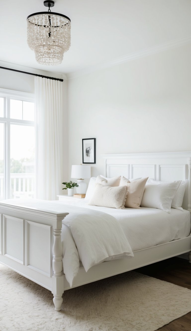 A bright, airy bedroom with a porcelain white bed frame, soft white linens, and minimalist decor