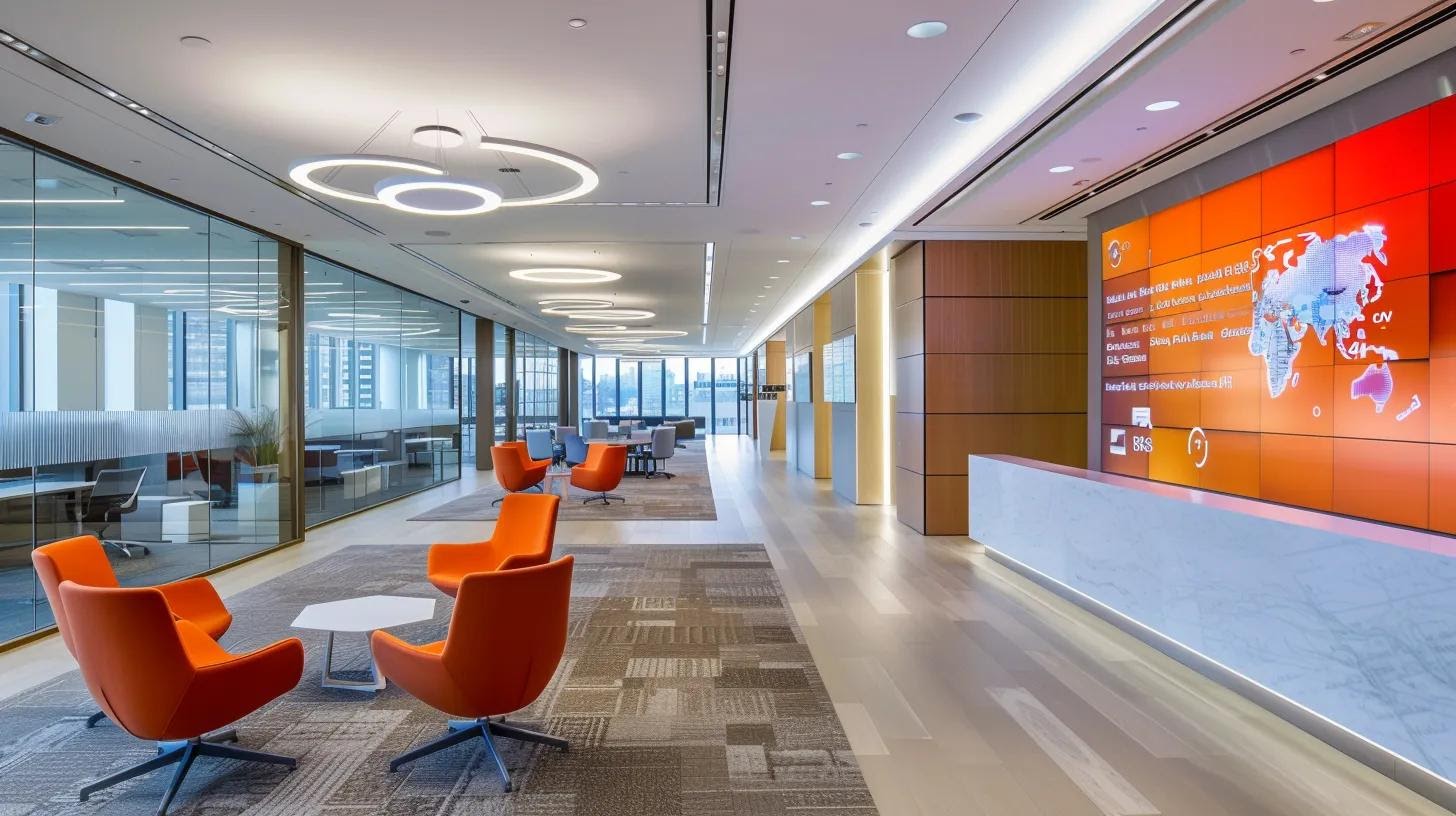a sleek, modern office workspace features an oversized digital screen displaying an intuitive search interface with vibrant suggestions and streamlined filters, illustrating enhanced user satisfaction and efficiency in information retrieval.