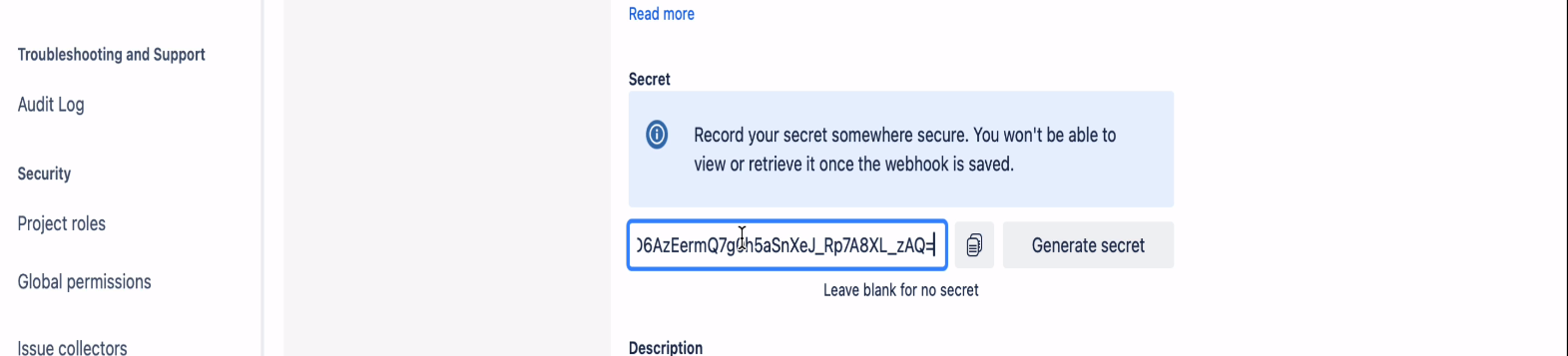 Jira Webhook secret configuration screen.