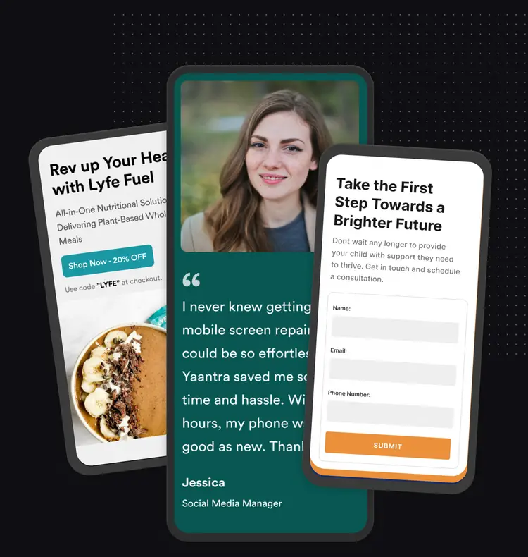 An image showing three separate smartphone screens with landing pages open