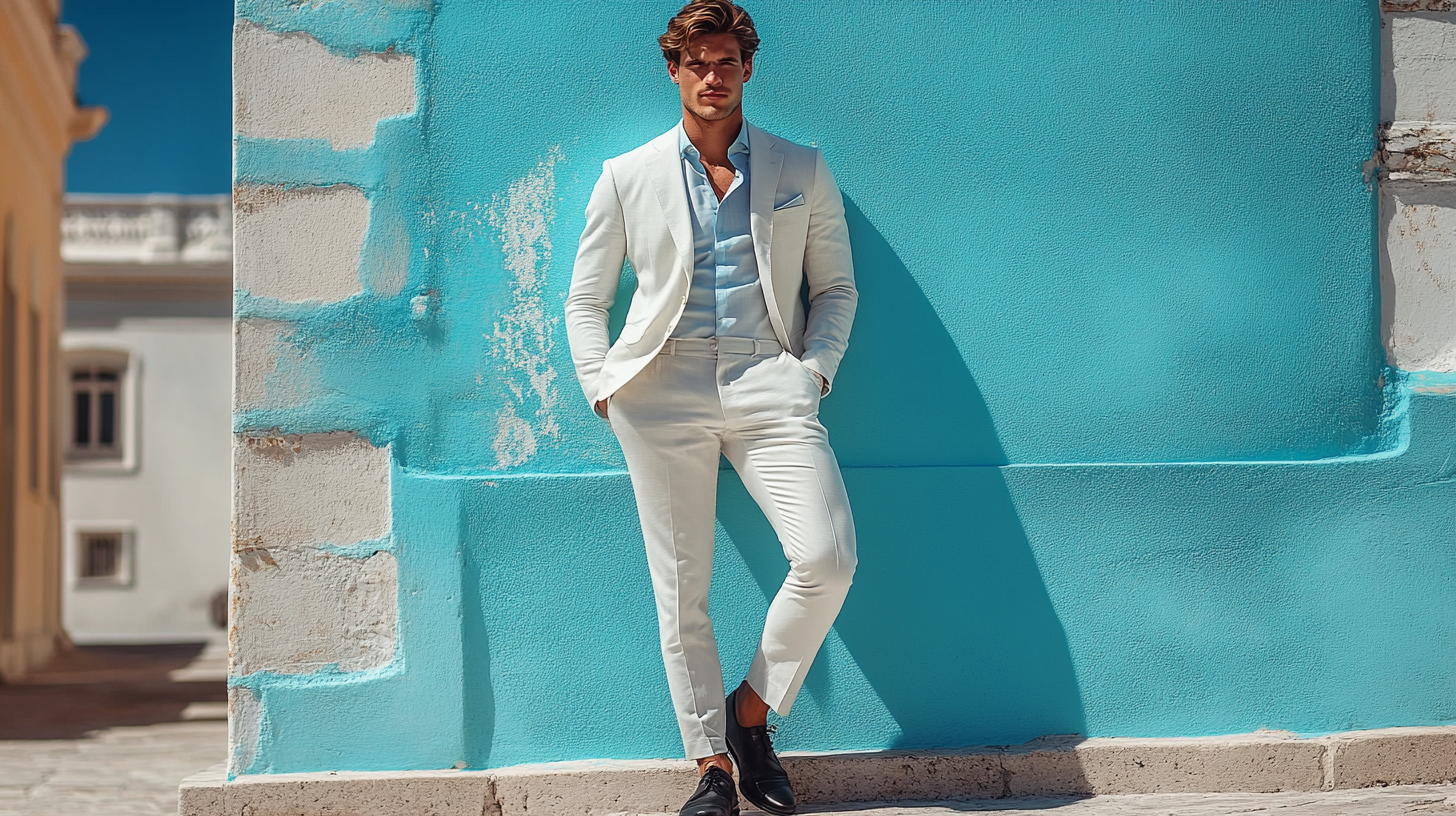 
A man in a light, airy white suit paired with a soft light blue shirt and polished black shoes. The outfit creates a laid-back yet classy appearance, perfect for beach weddings or relaxed outdoor gatherings. The groom or guest stands against a serene seaside backdrop or in a sunlit garden, exuding effortless style with a sophisticated, breezy vibe. The combination of the white suit and light blue shirt captures a relaxed elegance, making it ideal for a summer celebration.