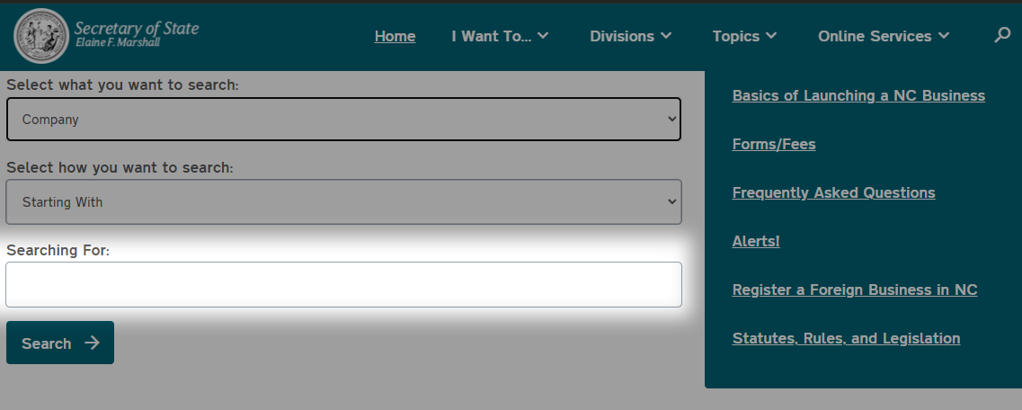 A screenshot of the business search function on the NC Secretary of State’s website. The search box is highlighted.