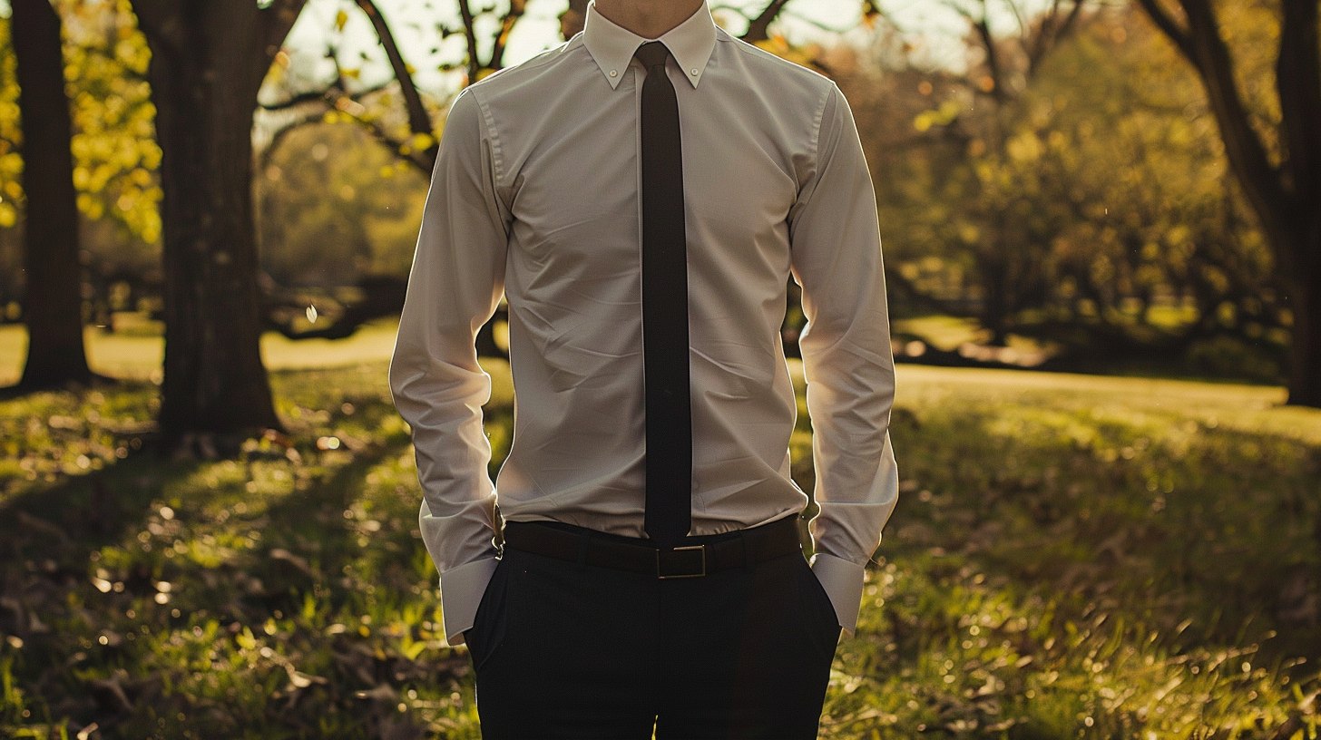 Man in a long-sleeved dress shirt and dark trousers, simple tie, standing outdoors during a daytime informal funeral; warm weather setting, clean and respectful look