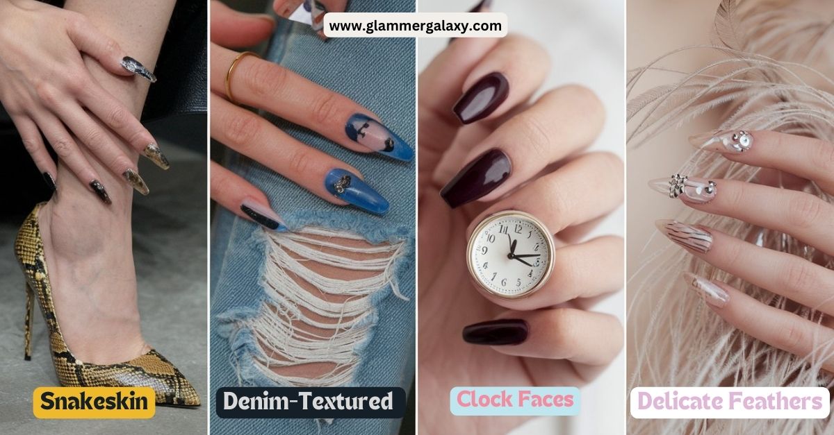 A picture of 4 images with Snakeskin , Denim textured , clock faces and delicate feathers nail paint designs