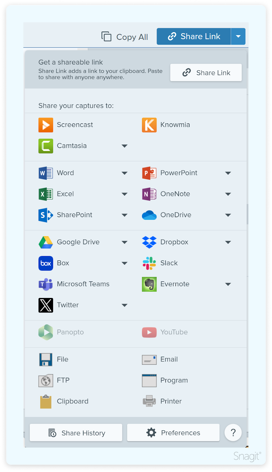 Sharing options in snagit