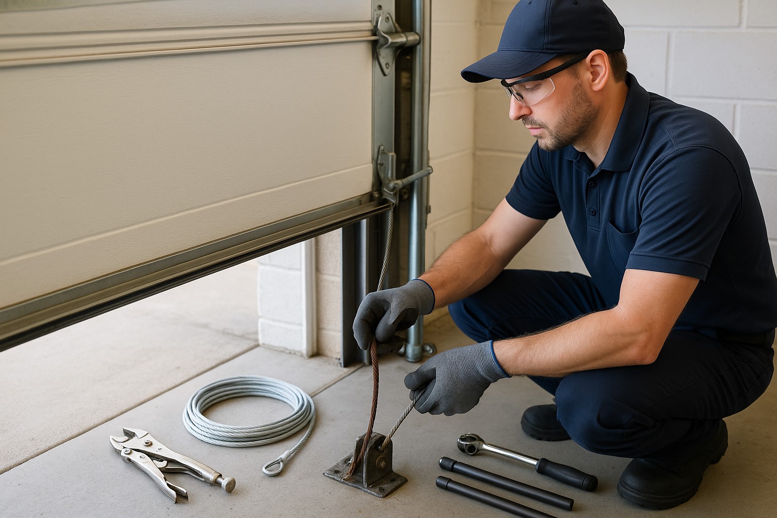 professional technician performing garage door cable replacement