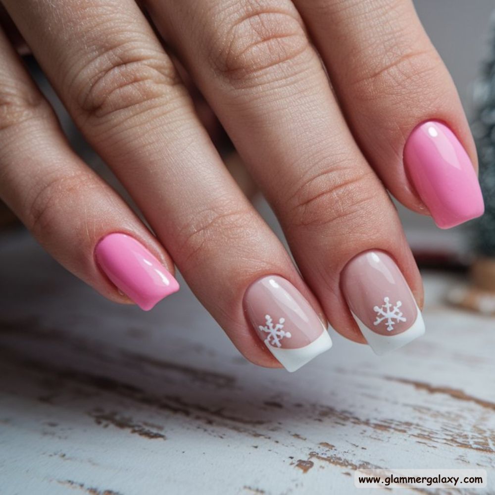 Pink Christmas Nails having Pink and White French Nails
