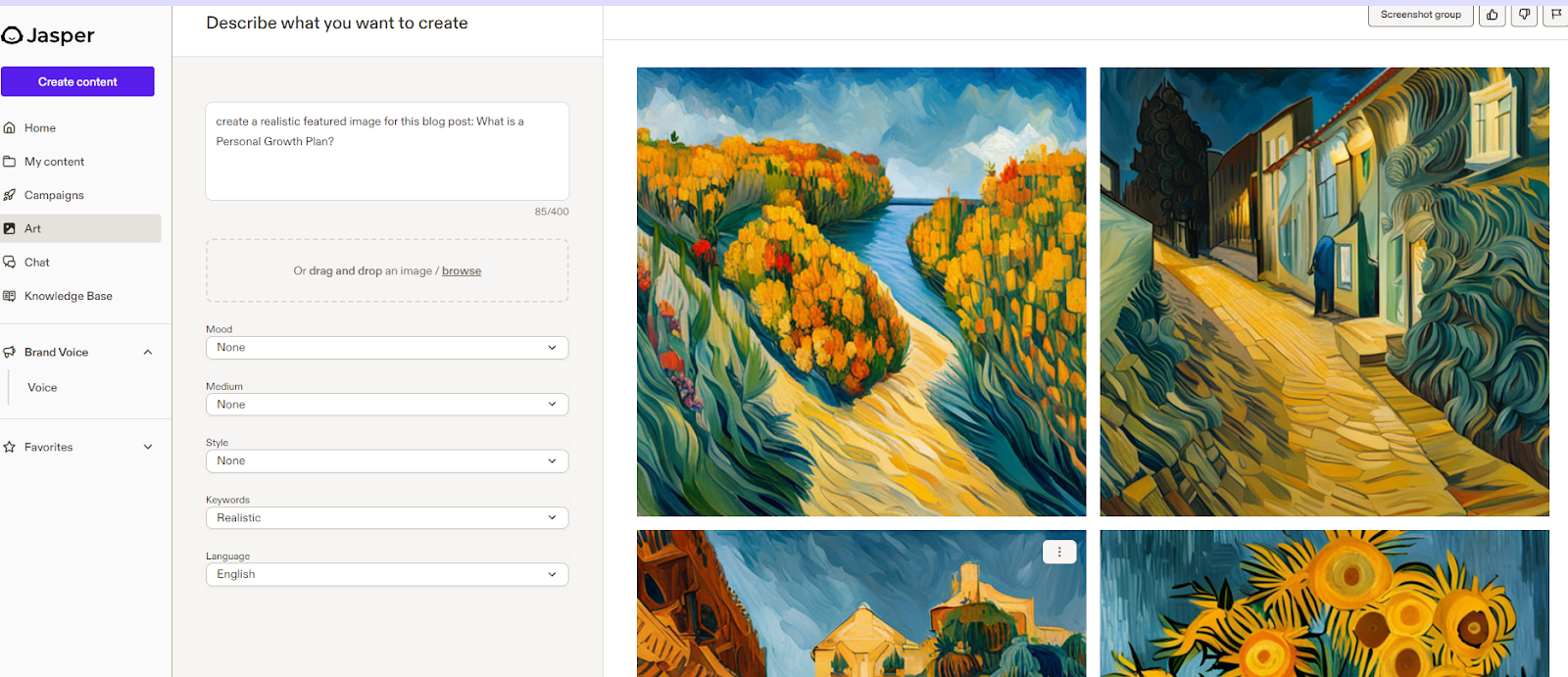 Screenshot of the Jasper Art interface, showcasing the image generation tool with various artistic styles and customization options.