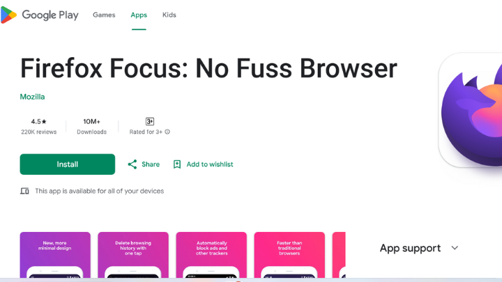 Firefox focus browser on Google Play Store- the best place to download it